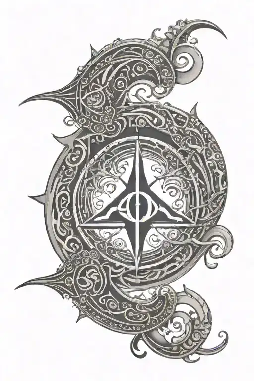 triskel symbol above a half sun rising, linked by  smoke fog tattoo design idea