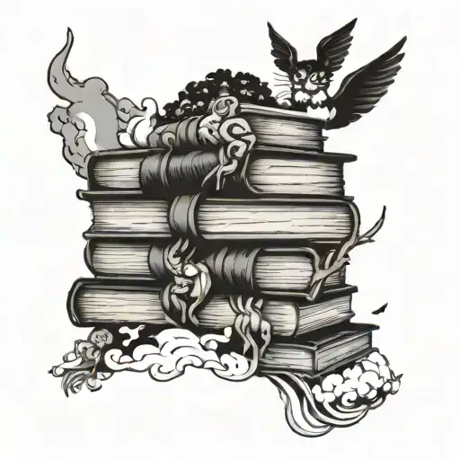 A serene blackwork tattoo of a stack of books with studio ghibli characters peeking out from behind the pages, surrounded by a stormy sky tattoo design idea