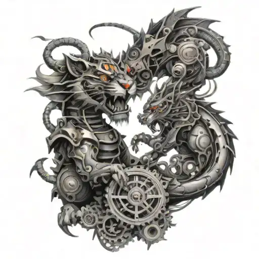 A mechanical tiger and dragon battling in a steampunk-inspired setting tattoo design idea