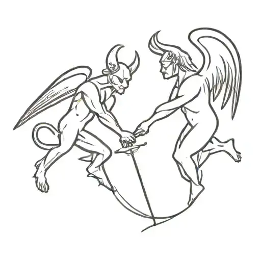 A tiny minimalist design of a devil and angel facing off in a duel tattoo design idea