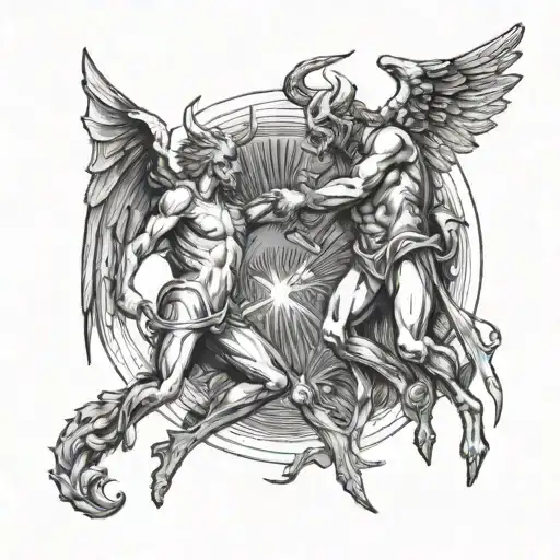 A tiny minimalist design of a devil and angel facing off in a duel tattoo design idea