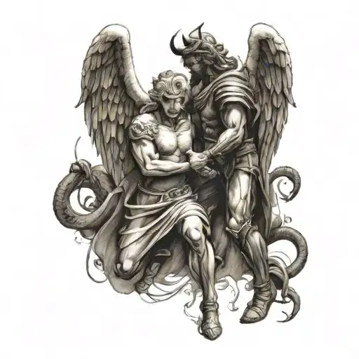 A 5 cm minimalist tattoo of an angel and devil engaged in combat tattoo design idea