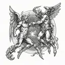 A tiny minimalist design of a devil and angel facing off in a duel tattoo design idea