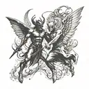 A tiny minimalist design of a devil and angel facing off in a duel tattoo design idea