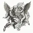 A tiny minimalist design of a devil and angel facing off in a duel tattoo design idea