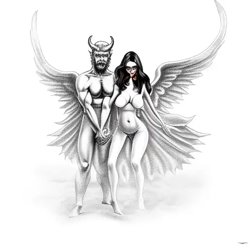 sexy woman devil with angel man tattoo design idea