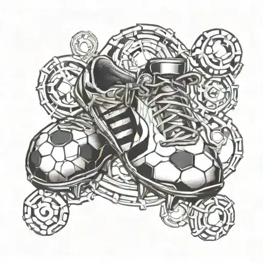 An intricate design of soccer cleats with brass knuckles intertwined, representing the mix of sports and fighting tattoo design idea