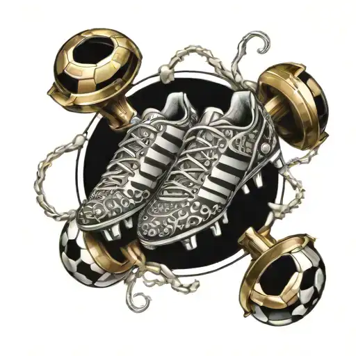An intricate design of soccer cleats with brass knuckles intertwined, representing the mix of sports and fighting tattoo design idea