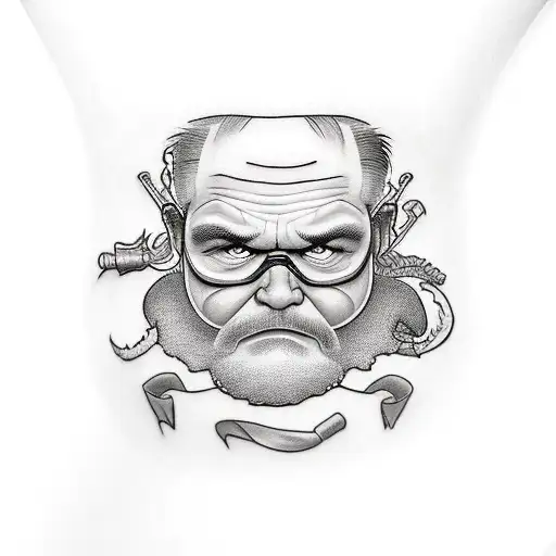 Grumpy dude with a wine bottle tattoo design idea