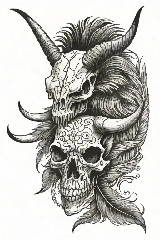 A skull of a Texas longhorn with duck feathers intertwined tattoo design idea