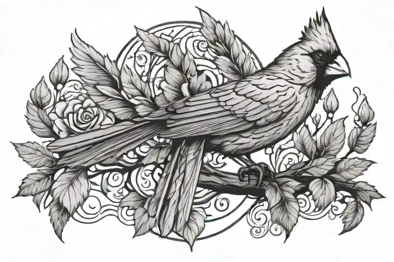 cardinal with 11:11 as a wing sitting on a branch  tattoo design idea