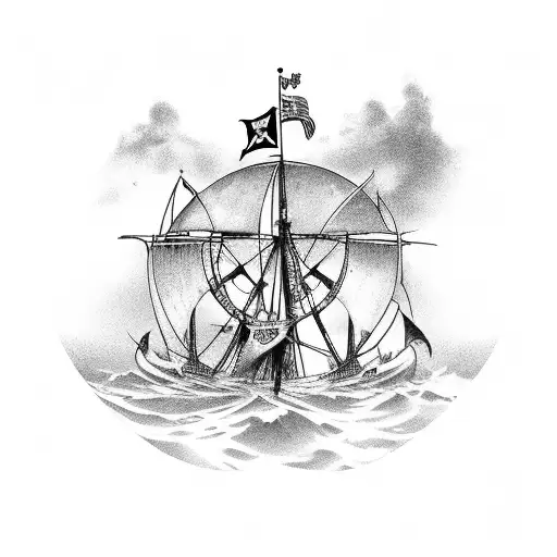 Black and Grey "Old School Pirate Ship With A Jolly..." Tattoo Idea