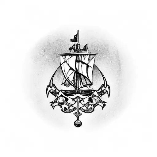 Black and Grey "Old School Pirate Ship With A Jolly..." Tattoo Idea