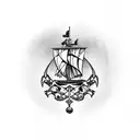 Old school pirate ship with a jolly Roger flag flying and Templar knights with shields and swords throughout the deck of tattoo design idea