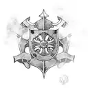 Old school pirate ship with a jolly Roger flag flying and Templar knights with shields and swords throughout the deck of tattoo design idea