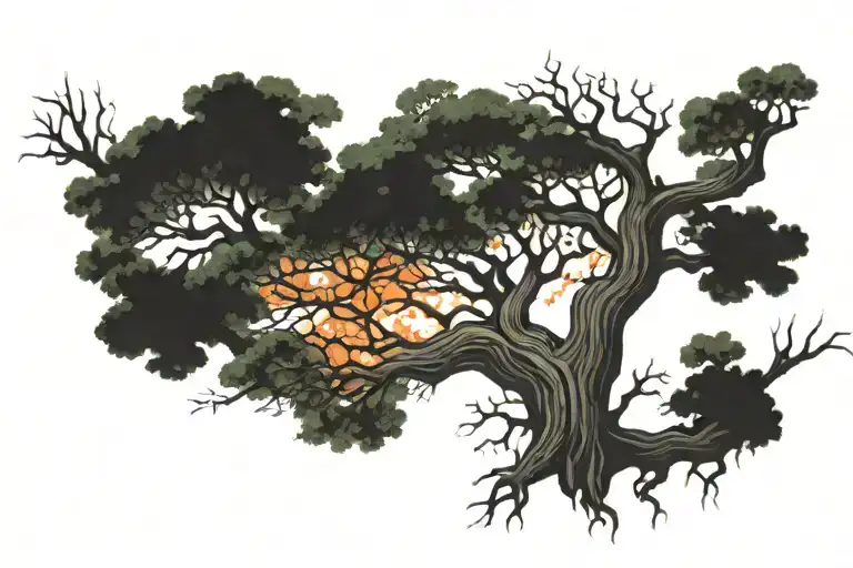 half dead, half alive tree tattoo design idea