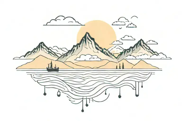 straight line with waves, sun, rain, mountains, watercolor backgroun tattoo design idea
