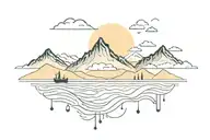 straight line with waves, sun, rain, mountains, watercolor backgroun tattoo design idea