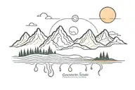 straight line with waves, sun, rain, mountains, watercolor backgroun tattoo design idea