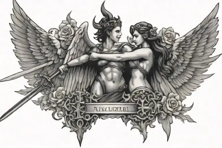 Tattoo, horizontal, silhouette of a valkyrie with a sword, with symbols of love and strength engraved on the sword tattoo design idea