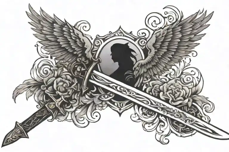 Tattoo, horizontal, silhouette of a valkyry with a sword, with symbols of love and strength engraved on the sword tattoo design idea