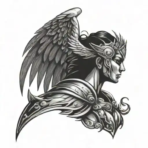 Tattoo, horizontal, silhouette of a valkyrie, crying with armour protecting her heart tattoo design idea