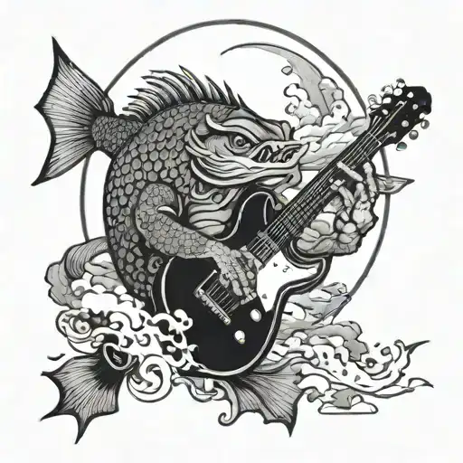 A demonic zander fish playing a guitar under a moonlit sky surrounded by clouds tattoo design idea