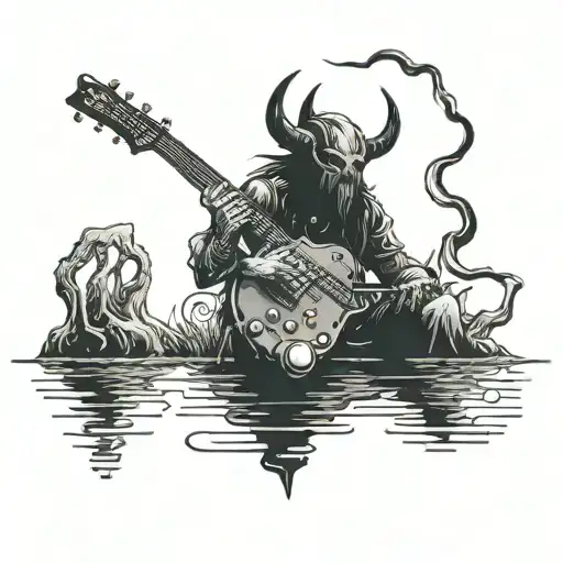 A heavy metal inspired demon with a guitar in hand, fishing in a dark and mysterious lake tattoo design idea