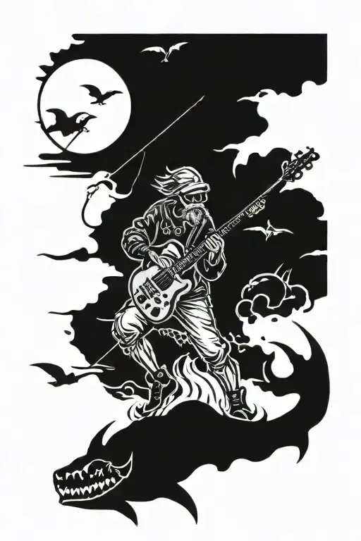 A fisherman casting his line into a lake filled with demonic creatures and a guitar floating in the sky tattoo design idea