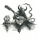 A heavy metal inspired demon with a guitar in hand, fishing in a dark and mysterious lake tattoo design idea