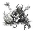 A heavy metal inspired demon with a guitar in hand, fishing in a dark and mysterious lake tattoo design idea
