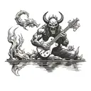 A heavy metal inspired demon with a guitar in hand, fishing in a dark and mysterious lake tattoo design idea
