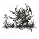 A heavy metal inspired demon with a guitar in hand, fishing in a dark and mysterious lake tattoo design idea