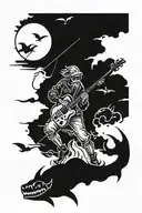 A fisherman casting his line into a lake filled with demonic creatures and a guitar floating in the sky tattoo design idea
