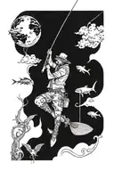A fisherman casting his line into a lake filled with demonic creatures and a guitar floating in the sky tattoo design idea