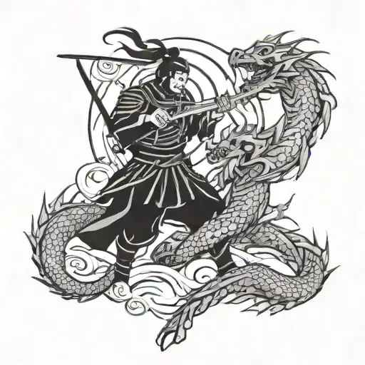 Samurai battling a dragon in a galactic setting tattoo design idea