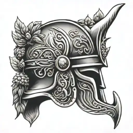 A black-grey tattoo of a Viking helmet adorned with hops and barley tattoo design idea