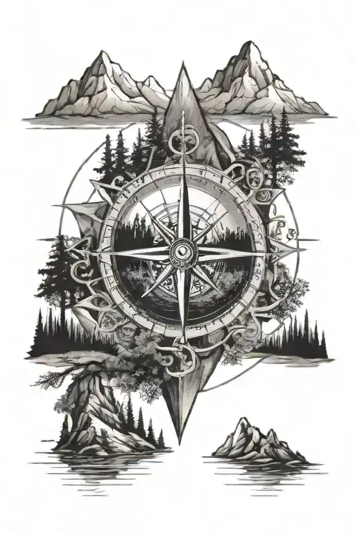 compass rose with mountain, forest and lake tattoo design idea