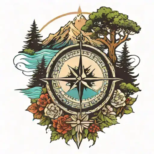 compass rose with mountain forest and lake tattoo design idea