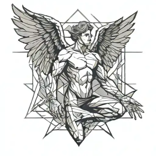 Angel, man, topless, black pant, has muscles, flying in the air, arms close to the body with open hands, manga style  tattoo design idea