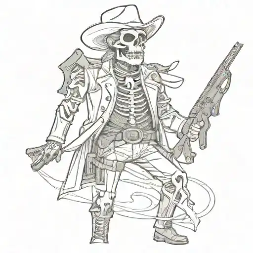 Skeleton cowboy gets shot while changing his gun tattoo design idea