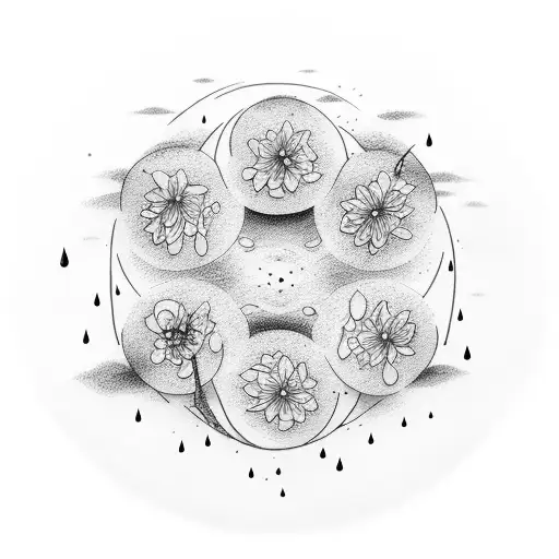 rain falling from the sky in flowers growing with a round circle around sayingThere's water in the flowers, let's grow tattoo design idea