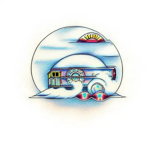 Train caboose on tracks leading to sun shine in heaven tattoo design idea