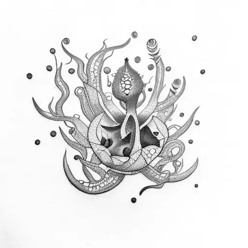 A dotwork tattoo of a carnivorous plant with geometric patterns forming its leaves tattoo design idea