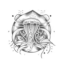 a jellyfish with a nepenthes pitcher trap with geometric cats tattoo design idea