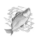 A majestic carp swimming in a river surrounded by lotus flowers tattoo design idea