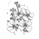 Orange Juice Box with Primroses, Cosmos, and narcissus holly flowers coming out the top tattoo design idea