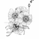 Orange Juice Box with Primroses, Cosmos, and narcissus holly flowers coming out the top tattoo design idea