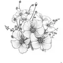 Orange Juice Box with Primroses, Cosmos, and narcissus holly flowers coming out the top tattoo design idea