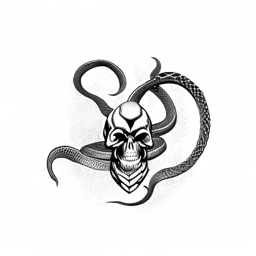 Snake with dagger through skull from top down tattoo design idea
